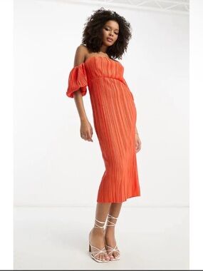 ASOS Plissé Off-The-Shoulder Midi Dress Crinkle Puff Sleeve Size 10